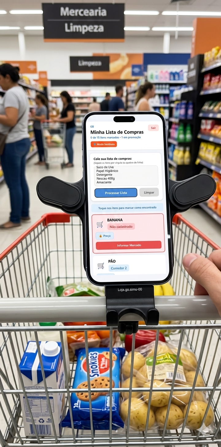 Suporte de celular preso à alça de carrinho de supermercado exibindo lista de compras no aplicativo