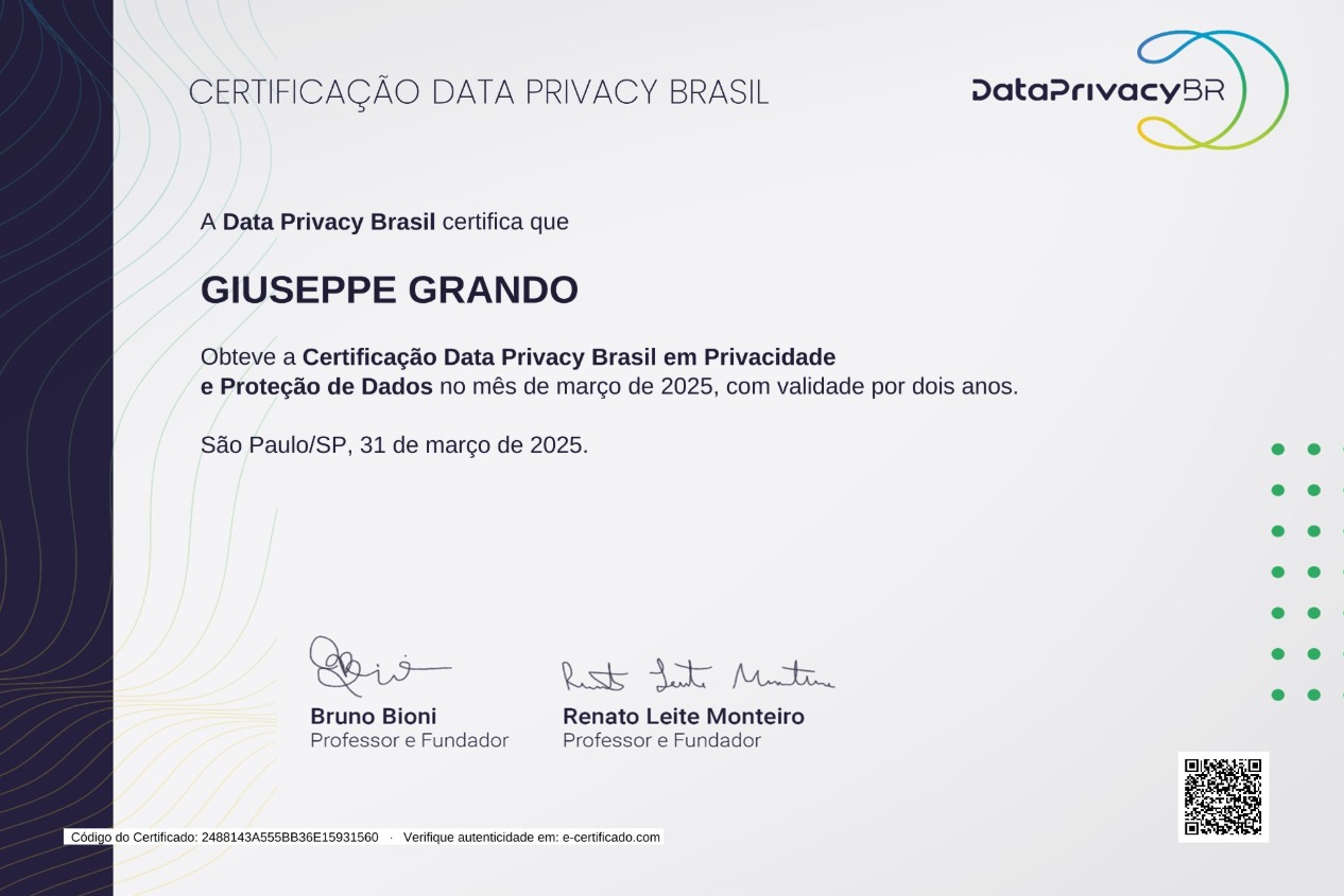 Certificação Data Privacy Brasil em Privacidade e Proteção de Dados, em nome de Giuseppe Grando